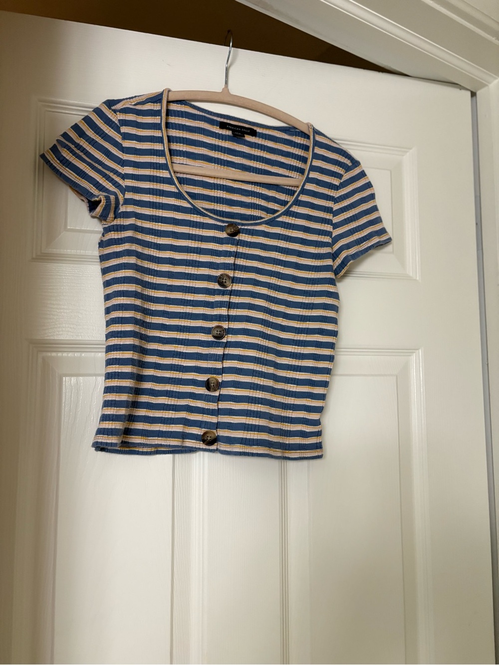 Striped Scoop-Neck Button Crop Top - Blue & Cream
